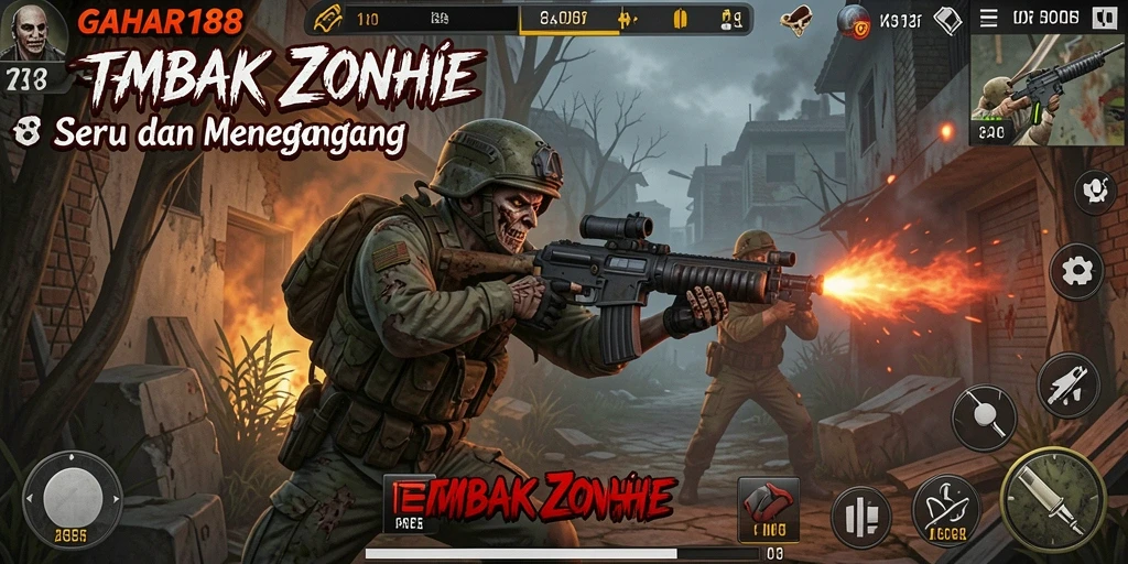 Antarmuka GAHAR188 yang menampilkan aksi seru tembak zombie.