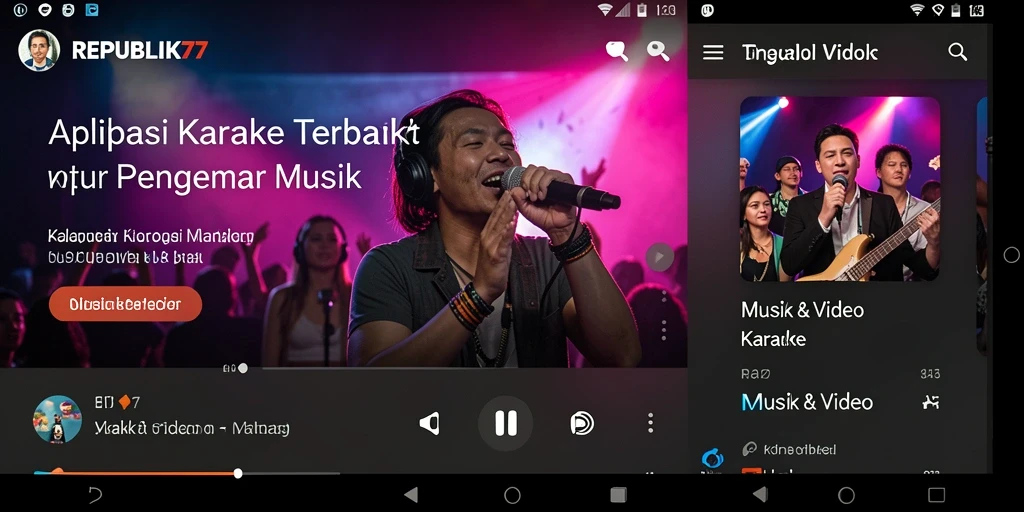 Antarmuka menarik dari aplikasi Karaoke REPUBLIK77 saat sesi bernyanyi.